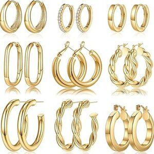 9 Stunning Pairs of Gold Hoop Earrings 14K Gold Plated Chunky Hoop Earrings